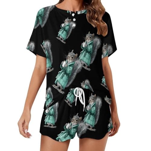 Image of Squirrel Bath Robe Coffee Women's Summer Pajama Set Short Sleeve Top Pjs Shorts with Pocket Lounge Sets