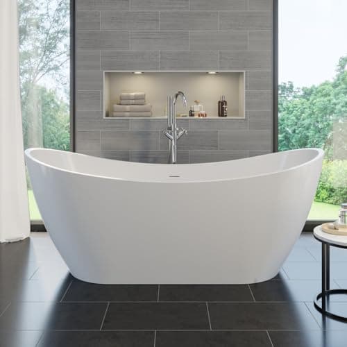 Image of BAYSTONE® 1700 x 730mm Freestanding Double Ended Bath Tub White Gloss Acrylic Luxury Curved for Bathroom Modern Includes Waste