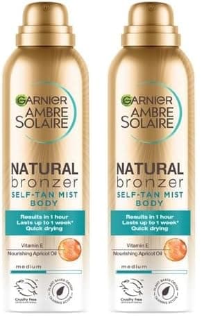 Image of Garnier Ambre Solaire Natural Bronzer Quick Drying Body Self Tan Mist, Medium, Intense & Streak Free Fake Tan, Lasts Up to 1 week, Approved by Curelty Free International, Vegan Formula, 150ml
