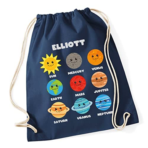 Image of Hippowarehouse Personalised Cute space planets Drawstring Cotton School Gym Bag 37cm x 46cm, 12 litres