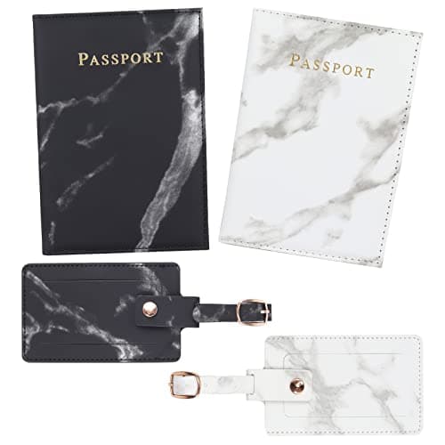 Image of Boyigog 2pcs Luggage Tags and 2pcs Passport Covers,Suitcases Luggage Tag and Passport Holder,Marble PU Leather Cover & Labels Protective Cover for Family Travel Organiser (Black+White)