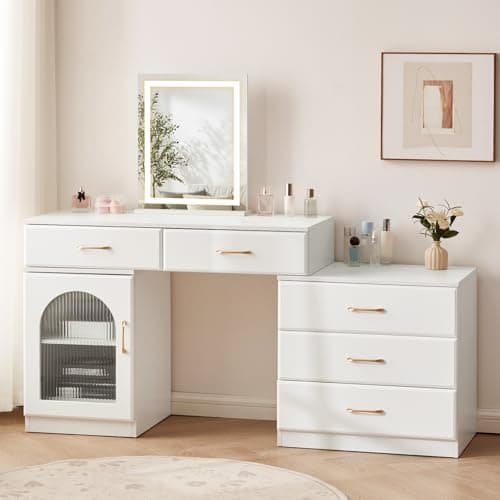 Image of TUKAILAi Dressing Table with LED Light Mirror, White Vanity Table with 5 Drawers and Side Cabinet Space Saving Makeup Desk for Bedroom Girls Women