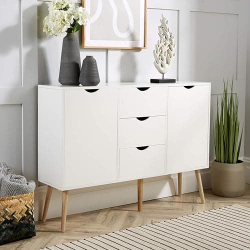 Image of Home Source Sideboard Storage Cabinet, 2 Door, 3 Drawer Cupboard, Solid Wood Legs, White, Scandi Style