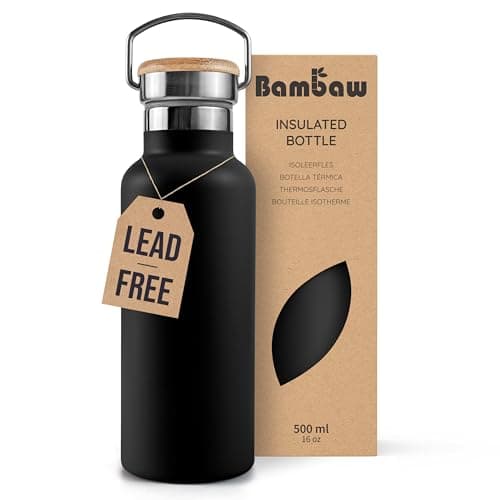 Image of Bambaw Insulated Stainless Steel Water Bottle 500ml, Double-Walled Metal Water Bottle 500ml, Reusable & Lightweight, Easy to Clean & Fits Cup Holder, Great for Travel (Jet Black)