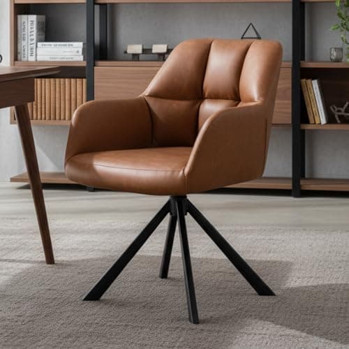 Image of Ya-Home PU Leather Home Office Chair Modern Swivel Armchair with Metal Legs, Occasional Desk Accent Chair for Living Room/Bedroom, Brown