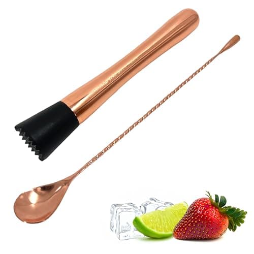 Image of Chabrias Ltd Copper Muddler & Collison Bar Spoon Bar Muddler, Twisted Spoon, Fruit Masher, Stainless Steel Copper Finish, Cocktail Accessories & Tools
