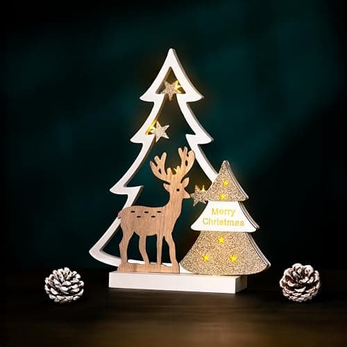 Image of Marco Paul Wooden Christmas Tree Light-Up Decoration – 29 cm LED Reindeer Scene Ornament with Warm White Lights – Battery-Operated Gold Festive Table Centrepiece for Indoor Xmas Home Décor