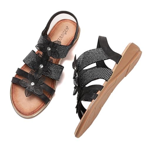 Image of Galindopia Flat Thongs Sandals Rhinestone Beaded Bohemia Beach Shoes For Women Elastic Ankle Strap Comfortable Cushion Padded Flip Flops Black Size 39