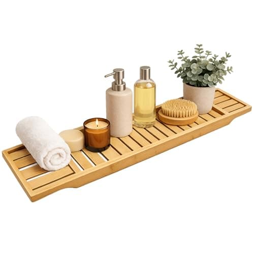Image of Almineez Luxury Bamboo Wood Bath Tub Caddy Rack Tray, Water Resistant Bathroom Shelf Tidy Tray Storage Shelf Organiser (Natural)