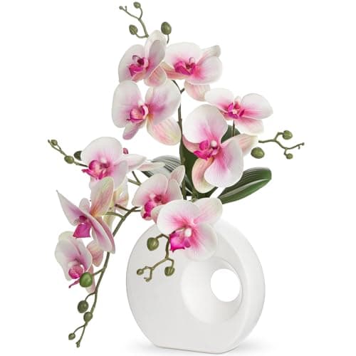 Image of Oairse Artificial Orchid Plant in Ceramic Pot 15.7" Realistic Faux Orchid Flowers for Indoor Decoration Silk Pink Orchid in White Vase for Centerpiece Home Office Living Room Wedding Table Décor