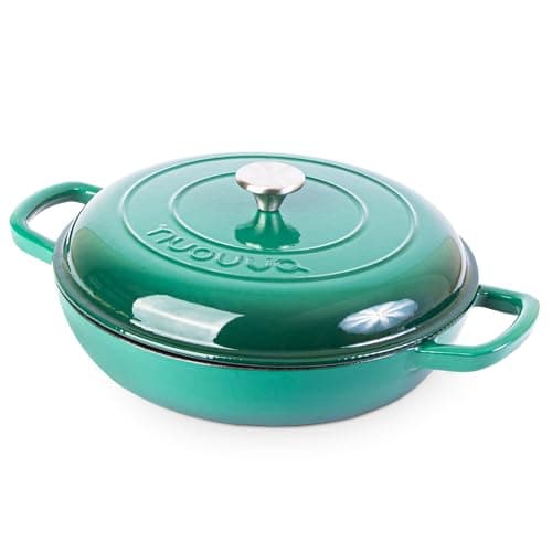 Image of Shallow Cast Iron Casserole with Lid – Non Stick Dutch Oven Pot, Oven Safe up to 500° F – Sturdy Ovenproof Stockpot Cookware – Enamelled Cooking Pot – Dark Green, 3L, 30cm – by Nuovva