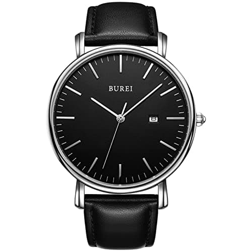 Image of BUREI Men's Watches, Classic Analogue Dial with Date Japanese Quartz and Ultra-Thin Stainless Steel Mesh Band (Black Silver, Leather)