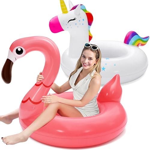 Image of SLOOSH Unicorn Flamingo Pool Floats - 2-Pack Inflatable Pool Toys Floaties with Headrest, Pool Inflatables for Kids Beach Lake Summer Swimming Pool Party Decorations for Adults Kids