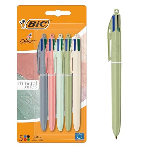 Image of BIC 4 Colours Mineral Tones Ball Pens Medium Point (1.00 mm) - Assorted Barrel Colours, Pack of 5