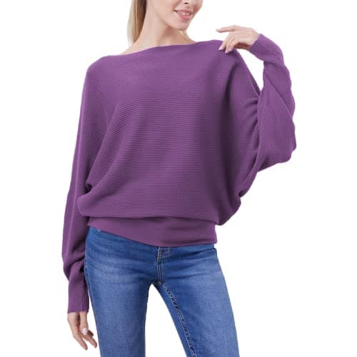 Image of YINNORE Boat Neck Batwing Sleeves Dolman Knitted Sweaters and Pullovers Tops for Women Multicolor (Purple)
