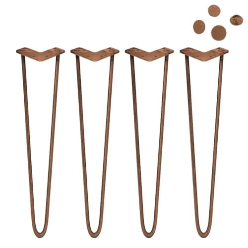 Image of Monster Shop SkiSki Hairpin Table Legs 28” 71cm Pack of 4 Antique Copper Heavy Duty 12mm Thick Steel 2 Prong 300kg Load Capacity DIY Furniture Glide Discs Floor Protectors & Screws Included