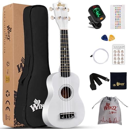 Image of Winzz Ukulele for Kids 21 inch, Soprano Ukulele for Adults Beginner, White Children Starter Kit with Fingerboard Stickers,Chords Card, Tuner, Strap, Extra Strings, Bag (9 Accessories)