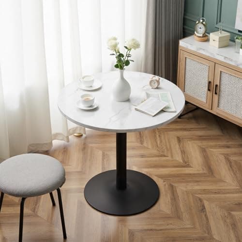 Image of Warmiehomy 80cm Round Dining Table, Marble Effect White Tabletop with Black Pedestal Base, Modern Kitchen Bistro Table for Small Spaces, Dining Room, Cafe & Bar