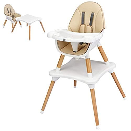 Image of COSTWAY 4 in 1 Convertible High Chair, Multi-Functional Dining Highchair with Adjustable Legs, Detachable 4-Position Tray, 5-Point Seat Belt, Wooden Feeding Chair for Baby, Infants, Toddlers (Khaki)