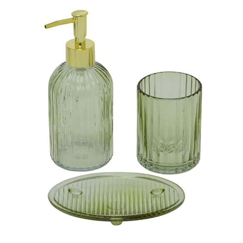 Image of Green Ribbed Glass Bathroom Accessories Set, 3 Piece Soap Dispenser, Tumbler and Soap Dish Modern Vanity Set