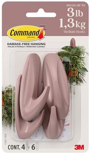 Image of Command Medium Designer Hooks, Dusty Rose, 4 Hooks, 6 Strips, Damage-Free Hanging with Adhesive, No Tools Great for Hanging Home Decor, Holds up to 1.3kg