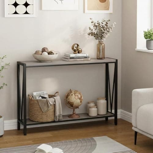 Image of Narrow Long Sofa Table Shelf, Console Table with Metal Frame, 43" 2-Tier Narrow Sofa Table with Storage, Farmhouse Entryway Table for Entryway, Living Room, Hallway, Foyer, Corridor, Office-Grey