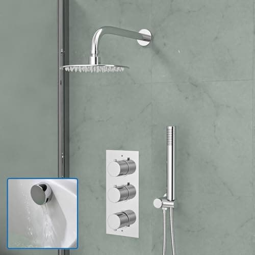 Image of Nes Home Round 3 Way Concealed Thermostatic Shower Mixer Valve, Shower Head, Handset, Bath Filler Set Chrome