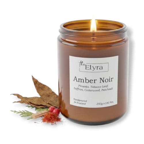 Image of The ELYRA Amber Noir | Scented Candle – Long Burning 40 Hour Burn | Pimento, Cedarwood, Patchouli, Vanilla | Luxury Masculine Soy Wax Candle for Elevated Home Ambience, Relaxation, Special Occasions