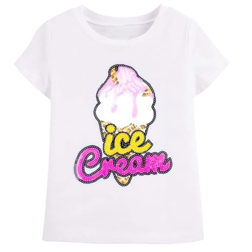 Image of White Kids Clothes Ice Cream Letter Reversible Sequin Girls T Shirt, Short Sleeve Summer Tee for Toddler Girls Age 7
