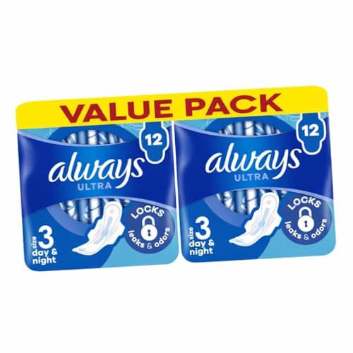Image of Always Ultra Day & Night Sanitary Towels with Wings Size 3-24 Pads (Pack of 2x12), Locks Leaks & Odours, Dermatologically Tested, SecureFit, Comfortable Wear