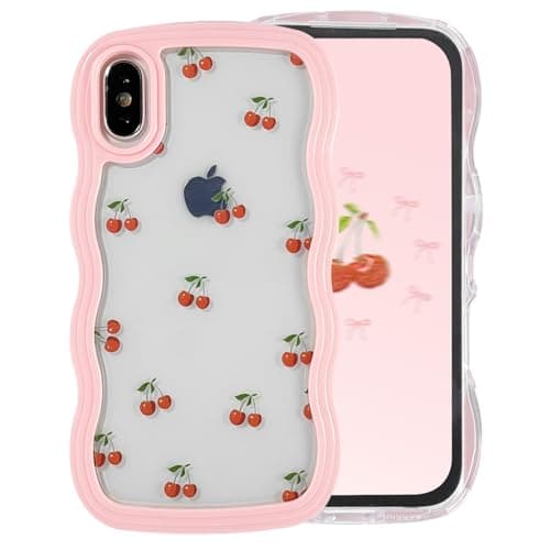Image of Draamvol for iPhone X, iPhone XS Case Cute Curly Wave Frame Clear Phone Case Shockproof Pink Hard PC Bumper Soft Anti-Yellowing TPU Silicone Cover for Women Girls, Cherry
