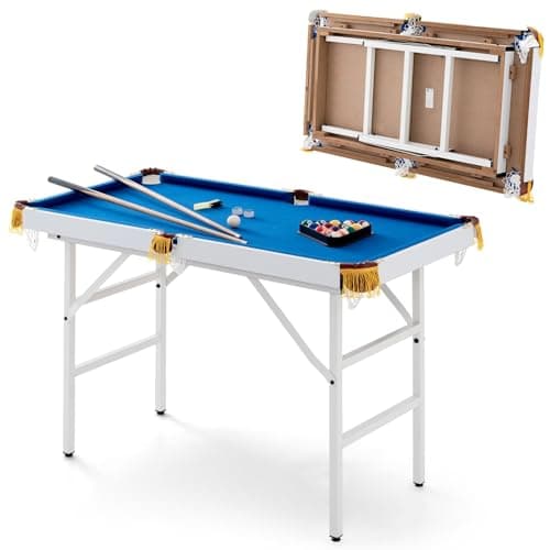 Image of SPOTRAVEL 4FT/4.5FT Billiards Table, Folding/Non-folding Snooker Table with 2 Cue Sticks, 2 Chalks, 16 Balls, Triangle & Brush, Portable Pool Game Table Set (Blue+White, Metal Legs, 122 x 64 x 78cm)