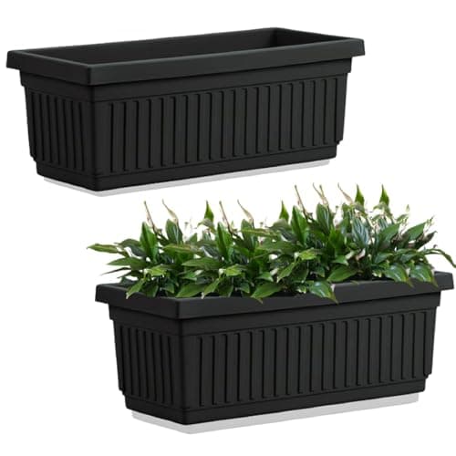 Image of Khanary 2x Large Plastic Trough Planter 70cm – Rectangular Black Window Box for Flowers, Herbs, Vegetables, Plants,Small Bushes –Windowsill Rippled Finish – Outdoor/Indoor Optional Drainage Holes