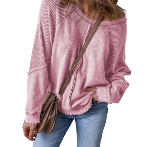 Image of FeMereina Womens Fashion Waffle Knit Sweatshirt Casual Crewneck Long Sleeve Reverse Seam Oversized Pullover Sweatshirts (Pink, L)