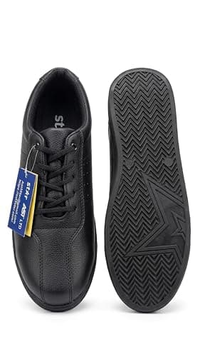 Image of Men’s Black Leather Walking Shoes – Lightweight Comfort Sneakers with Cushioned Sole, Lace-Up Casual Work Shoes for All-Day Support