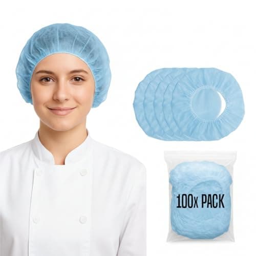 Image of Disposable Hair Nets Mob Caps Blue 100pcs Bulk Premium Hair Covers with Double Elastic Lightweight and Breathable Hygiene Caps Ideal for Kitchen Catering Food Handling and Medical Safety Use.