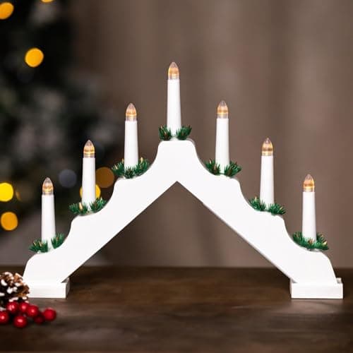 Image of Marco Paul White Battery Operated Wooden Christmas Candle Arch - 7 LEDs Xmas Candle Bridge with Warm White Lights & Timer - Traditional Indoor Christmas Decorations & Window Candle Lights