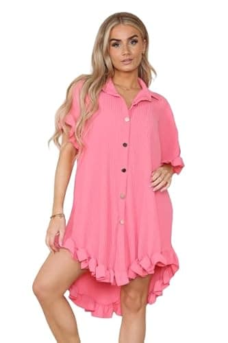Image of Pure Fashion UK® Women’s Short Sleeve Collared Pleated Mini Dress - Ladies Italian Gold Button Casual Loose Fit Oversized Baggy Frill Hem Summer Shirt Top (Coral, 8-22)
