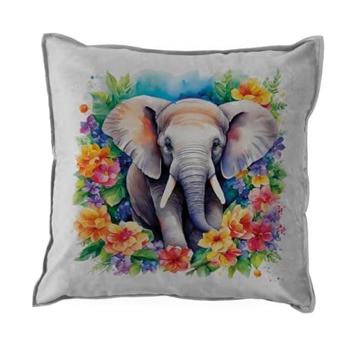 Image of Floral Elephant Cushion Cover - Soft Velvet Grey Piped Scatter Cushion Cover Animals Gifts - Living Room/Home Décor - Cushion Pad Not Included
