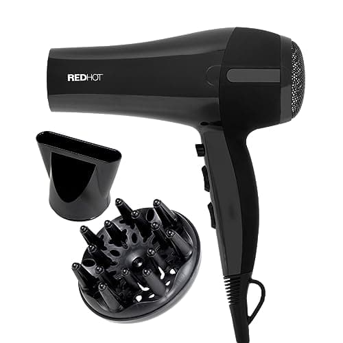 Image of Red Hot 37019 2200W Professional Hair Dryer with Diffuser & Concentrator Nozzles for Dual Styling / 3 Heat Settings, 2 Speed Settings & Cool Air Mode/Black
