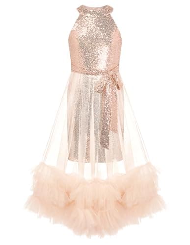 Image of GRACE KARIN Girls Sequin Dress Sparkly Halter Neck Tulle Wedding Birthday Bodycon Dresses Rose Gold 10 Years