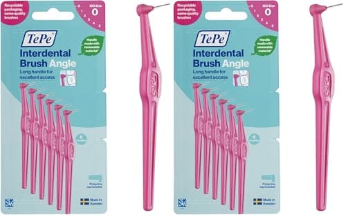Image of TePe Interdental Brush Angle, Pink, 0.4mm/ISO 0, 6pcs, Interspace Cleaning, Plaque Remover for Teeth with Narrow Gaps, ensures Strong Gums, Carton Pack (Pack of 2)