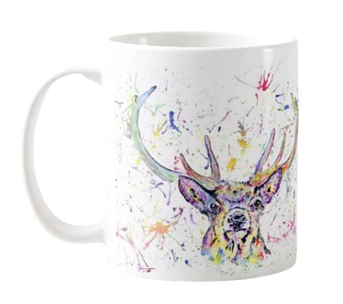 Image of Vixar Stag Scottish Wildlife Watercolour Rainbow Art Coloured Mug Cup, Gift, Birthday, Work, Office, Christmas Tea Coffee (White)