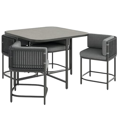 Image of Outsunny 4 Seater Rattan Cube Garden Furniture Set with Cushions, Square Garden Dining Set with Stone Composite Board Top Table, Wicker Outdoor Table and Chairs, Charcoal Grey