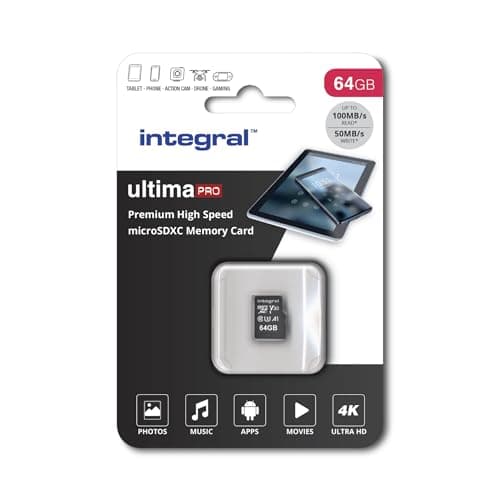 Image of Integral 64GB microSD Card Premium High Speed 4K Video Memory Card - up to 100MB/s Read and 50MB/s Write, UHS-I, U3, Class 10, A1 App Performance - for smartphones, tablets, drones, game consoles