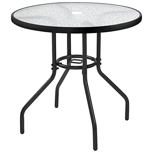Image of Yaheetech Patio Dinning Table Round Garden Coffee Table Outdoor Bistro Table Tempered Glass Top with Parasol Hole Garden Furniture 70cm Dia. x 73cm H