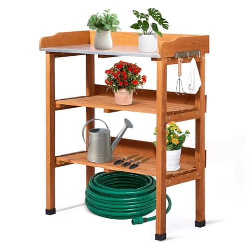 Image of Outopee Outdoor Garden Potting Bench Table, Wooden Germination Table Planting Work Station with Metal Tabletop, 2 Storage Shelves, 3 Hooks, 74 * 36 * 90CM, Natural Wood