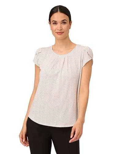 Image of Adrianna Papell Women's Short Sleeve Printed Top with Pleated Details Blouse, Ivory/Black Seed Dot, S