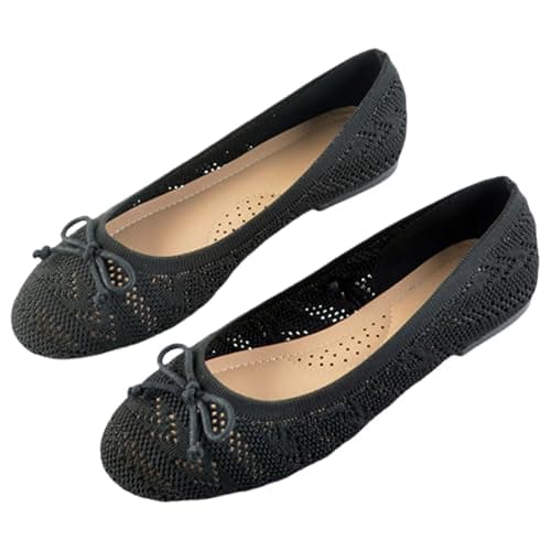 Image of Clearance UK 5 Cute Bow Flats Shoes for Ladies Women Comfortable Crochet Lace Mesh Round Toe Slip on Woven Knit Ballet Flat Dress Shoes Ballerina Pumps Black Footwear