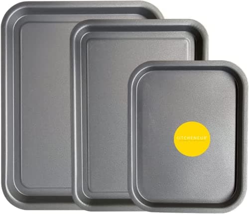 Image of 3-Pack - Baking Tray and Roasting Tray Set - 38cm, 35cm & 28cm Baking Tray/Pan, Non-Stick, Multi-Pack Set Oven Trays - Dishwasher Safe and Easy Clean. By KITCHENEUR®